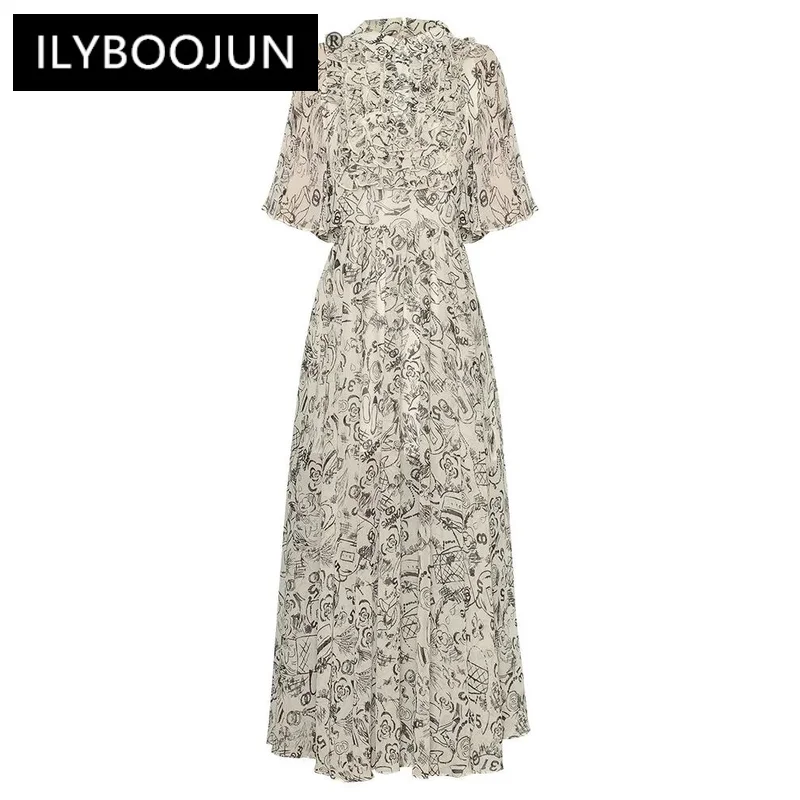 

ILYBOOJUN 2024 Summer High Quality Women Dress Bohemian Geometric Letter Floral Print Button Cascading Ruffle Chiffon Dresses