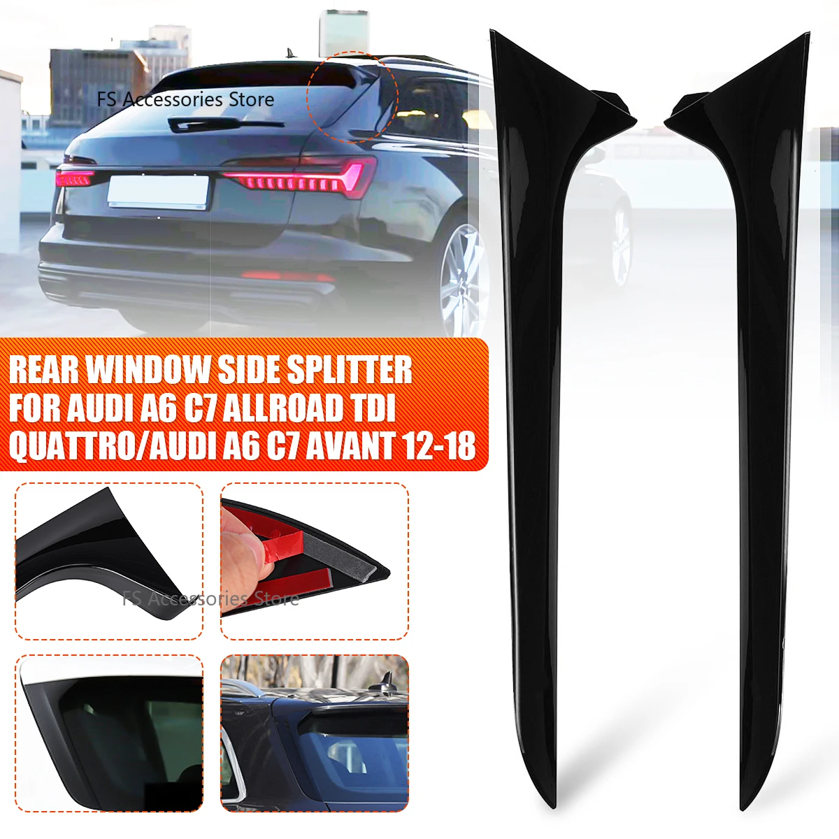 

Pair Rear Window Side Sper Canard Splitter For Audi A6 C7 Allroad TDI Quattro For Audi A6 C7 Avant 2012-2018 Glossy Black