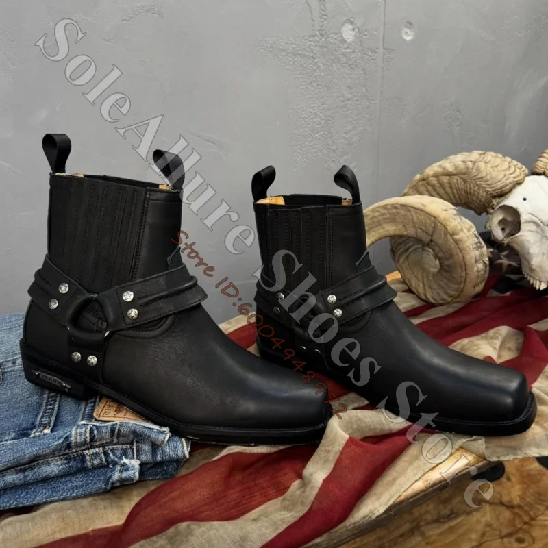Retro Biker Cowboy Style Men Ankle Boots Black Smooth Leather Square Toe Harness Belt Silver Rivet Low Heel Western Boots - view 2