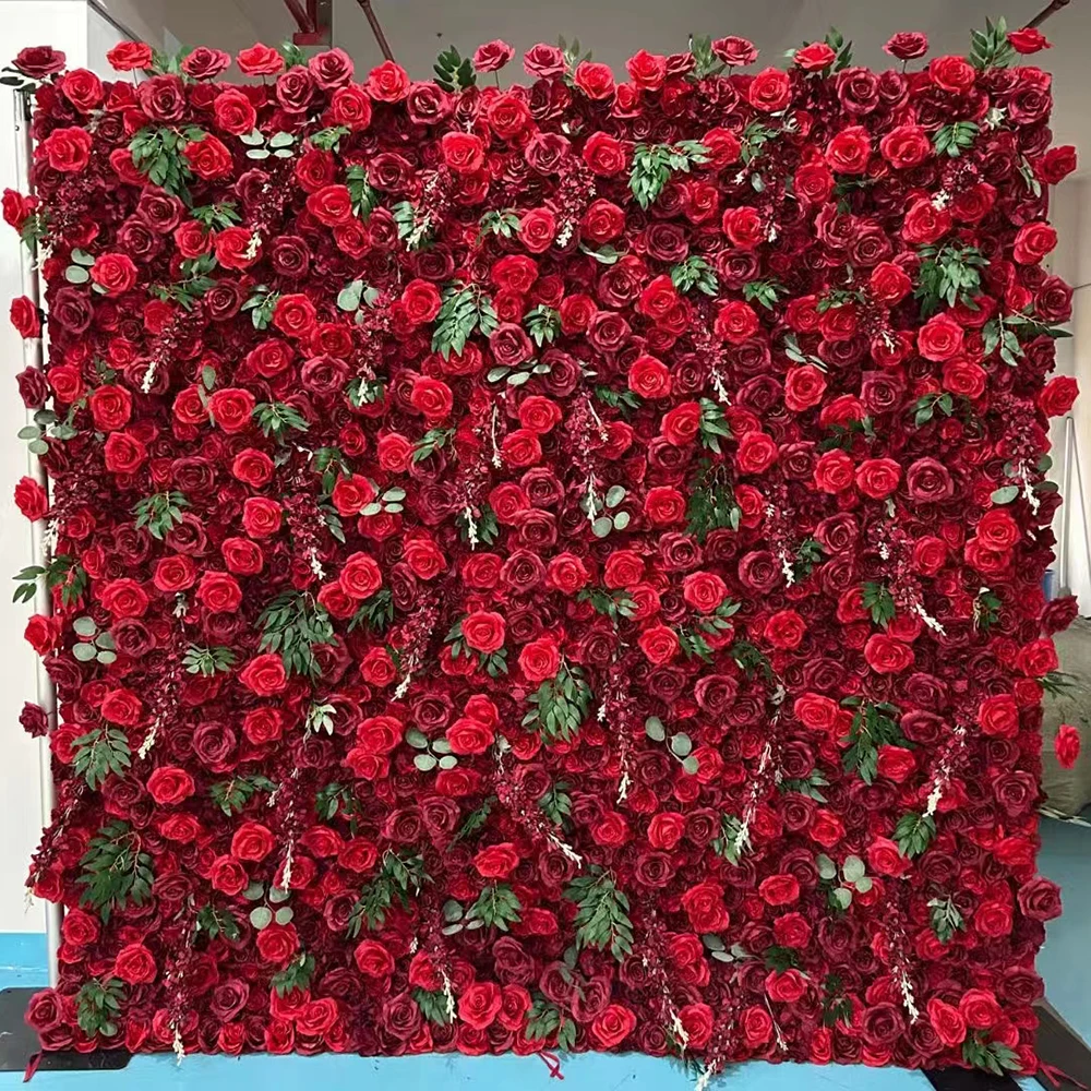 Factory Direct Sales Customized Red Faux Flower Wall Backdrop 3d Flower Wall Decor Wedding Backdrop Stand Roll Up Flower Wall