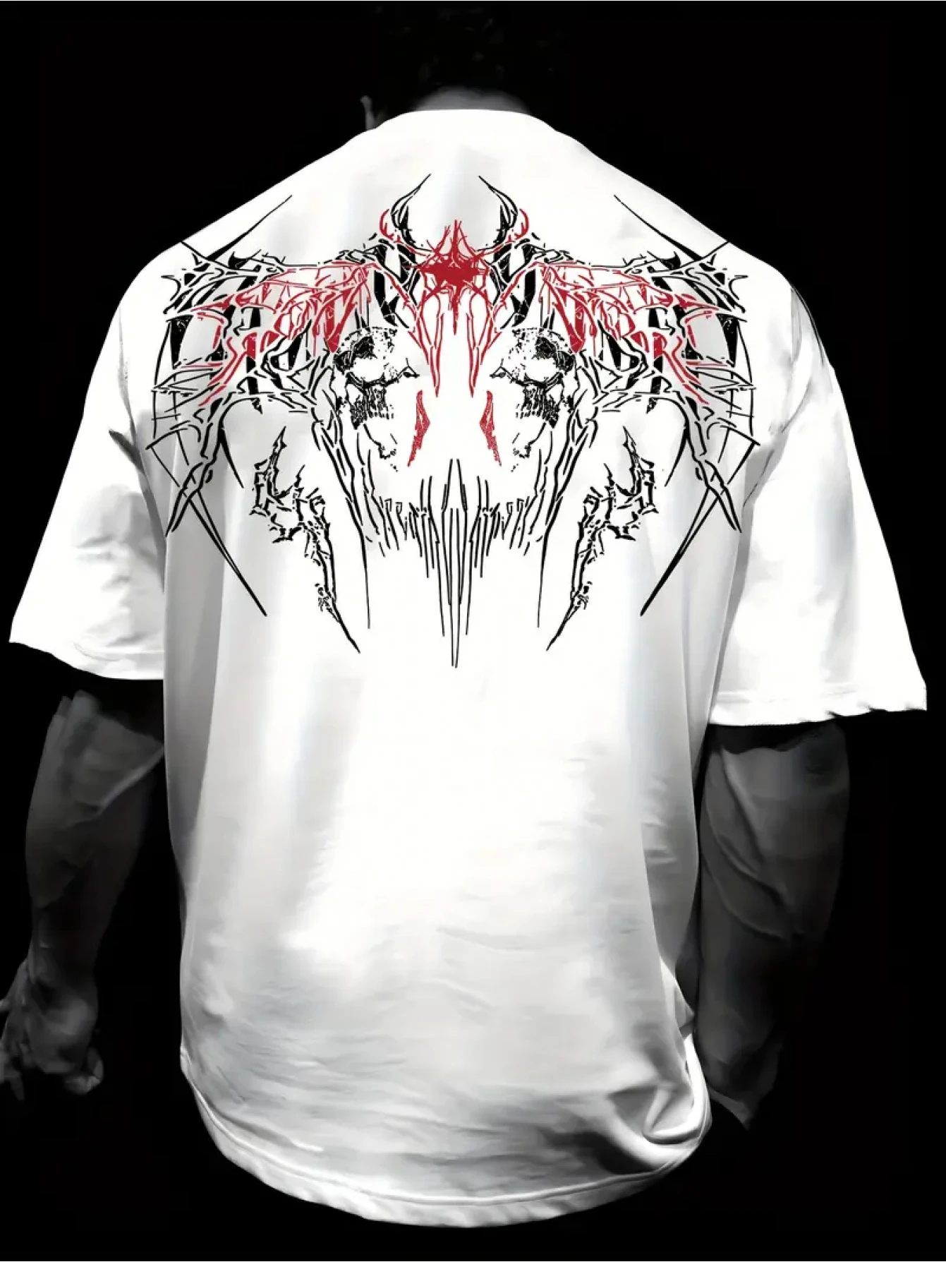 Fantasy T-Shirt with Skull & Bat Wing Print - Short Sleeve Round Neck Casual Shirt, Breathable Polyester Suitable for Casual