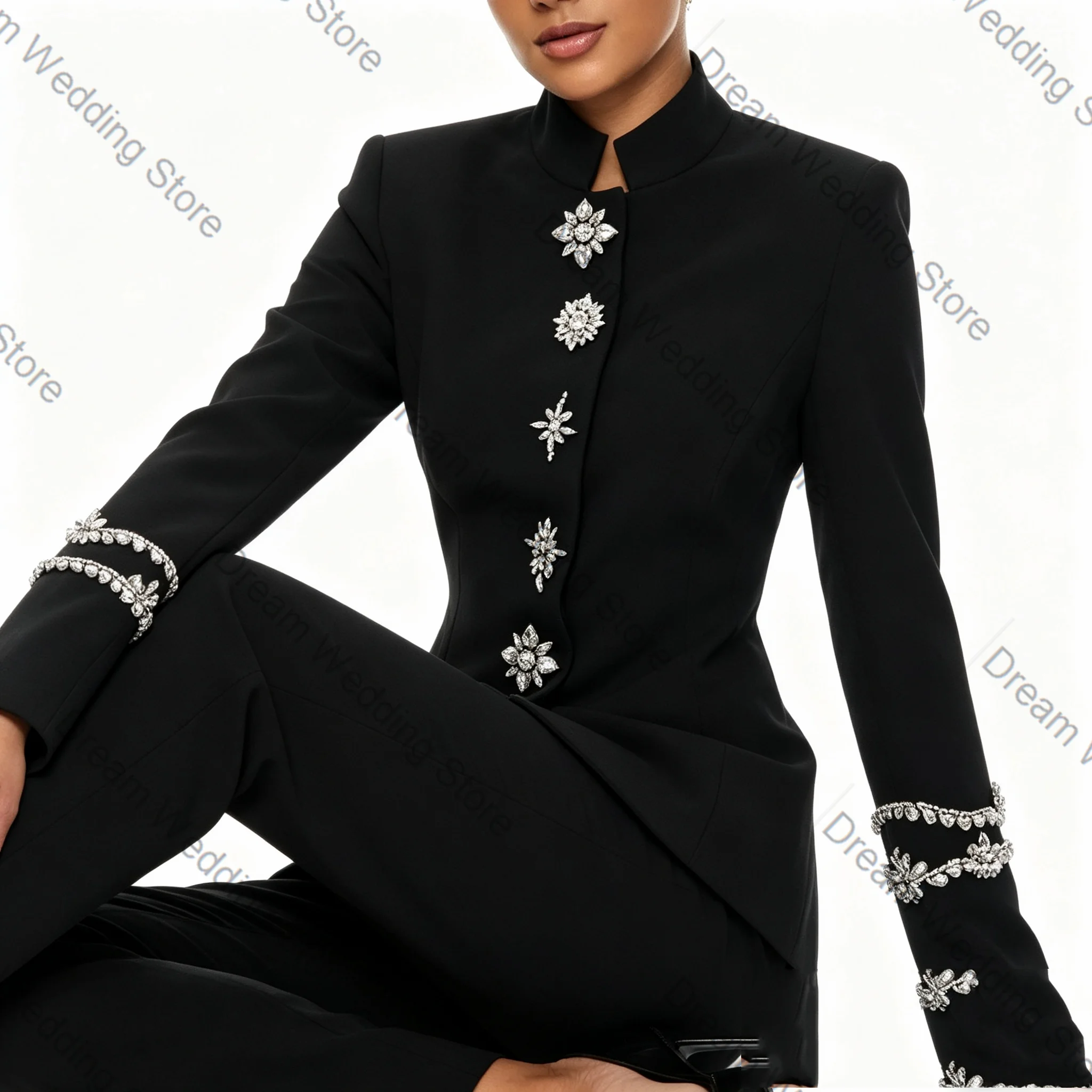 

Crystals Black Women Suit Set 2 Pcs Blazer+Pants Trousers Cotton Spring Formal Office Lady Jacket Customized Wedding Guest Coat