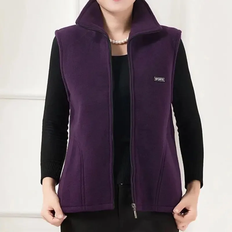 Autumn Winter Women Fashion Stand Up Polar Fleece Vest For Women\'s Solid Warm Lady Sleeveless Jacket