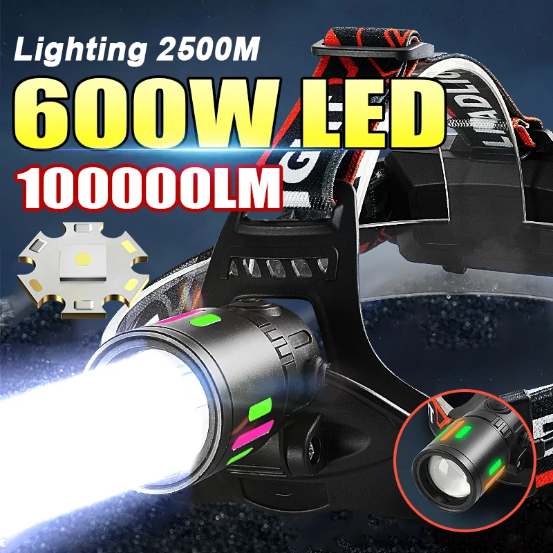 

600 Вт 100000LM Сильный светодиодный налобный фонарь Люминесцентный фонарь из алюминиевого сплава с телескопическим зумом 2500 м Перезаряжаемый налобный фонарик Наружное освещение