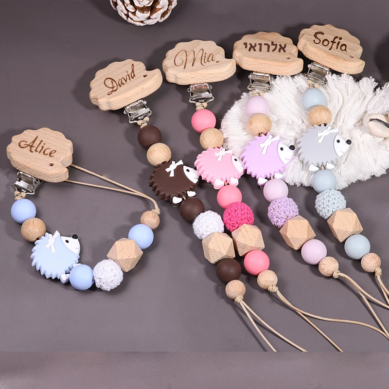 Personalized Name Baby Pacifier Clips Chains Silicone Hedgehog Beads Teethers Dummy Nipple Holder Clip Newborn Teething Toys