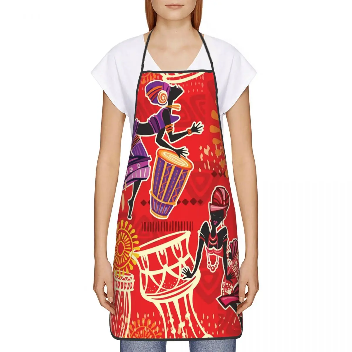 Red African Ethnic Pattern Apron for Women Men Unisex Bib Africa Art Motifs Cooking Kitchen Tablier Cuisine Chef Painting