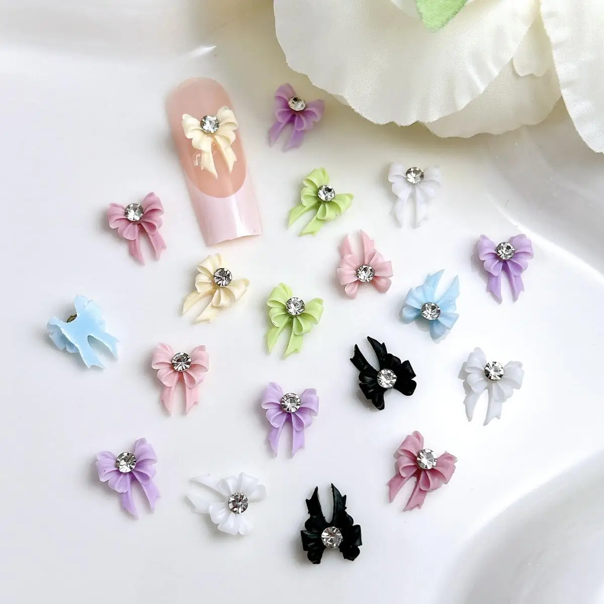 30PCS Macaron Colored Fairy Bows Resin Nail Art Decorations 3D Mini Transparent Rhinestones Inlaid Bow Nail Charms for DIY Nails