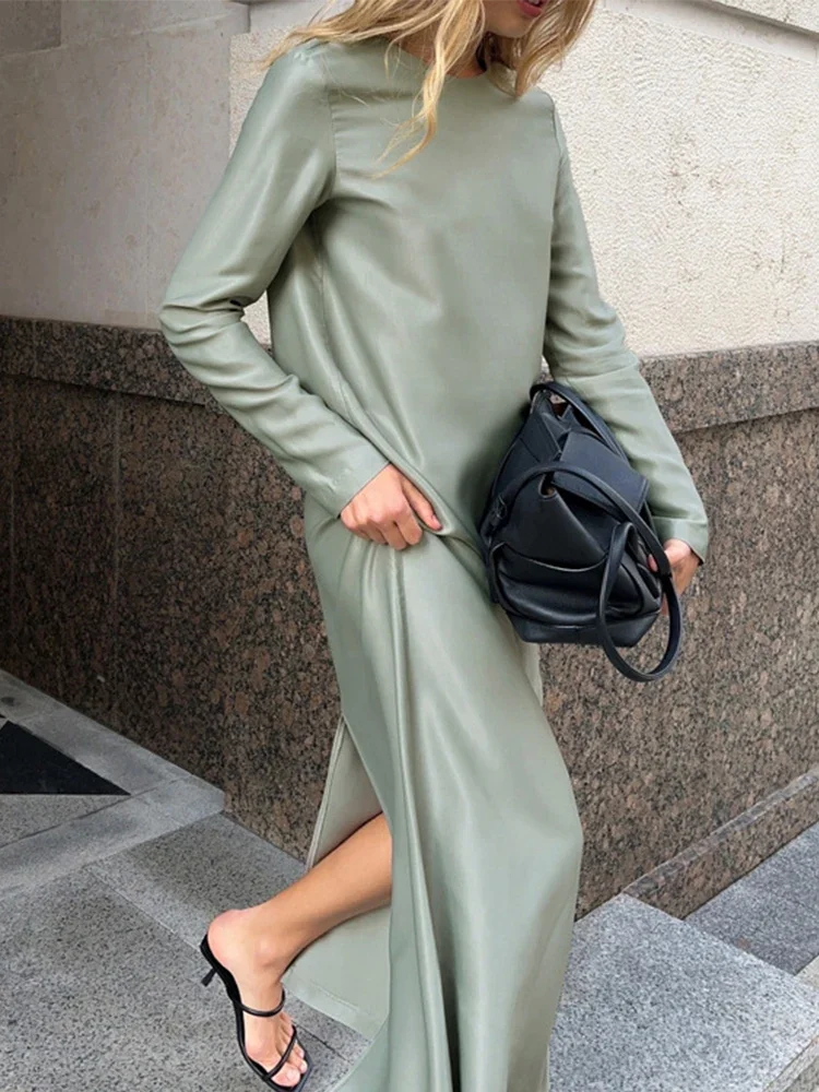 Women\'s Satin Black Dress Fashion Elegant Split Maxi Dress 2024 Spring Summer Long Sleeve Bottomless Dresses Long Dress