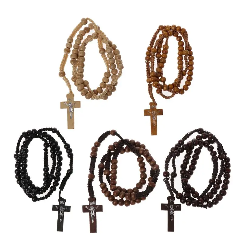 Wooden Beads Rosary Necklaces with Jesus Imprint Cross Religious Jesus Jewelry