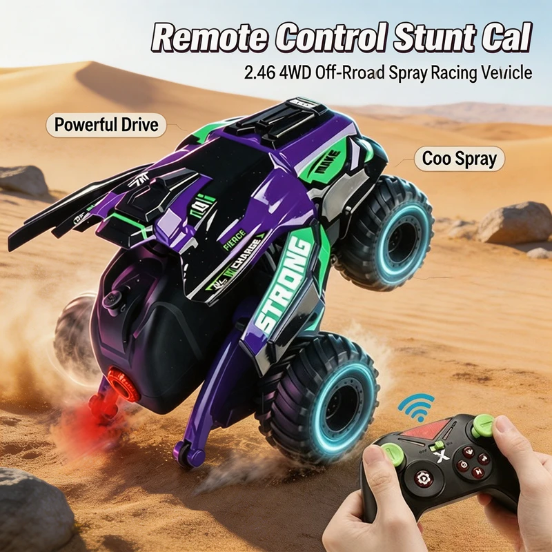 2.4G 4WD Off Road RC Car Transformable Stunt Racing Vehicle with Spray Function Multi Terrain Remote Control Toy Present