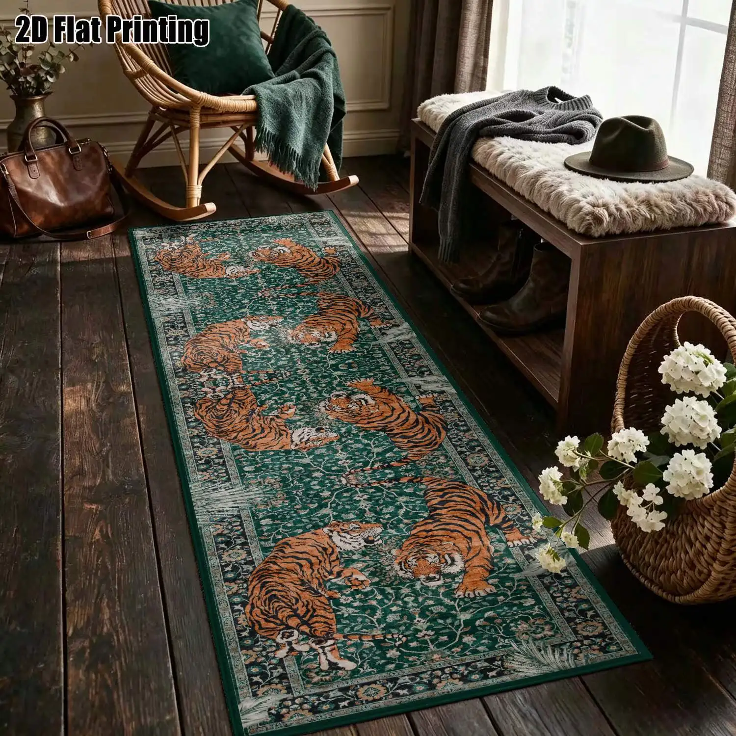 1Pc 2D Printed Green Tiger Pattern Long Strip Rug Vintage, European-Style, Bohemian, Animal Pattern Rugs, Home Decor, Multi-Size, Machine Washable, Suitable for Entryway, Hallway, Living Room, Bedroom.