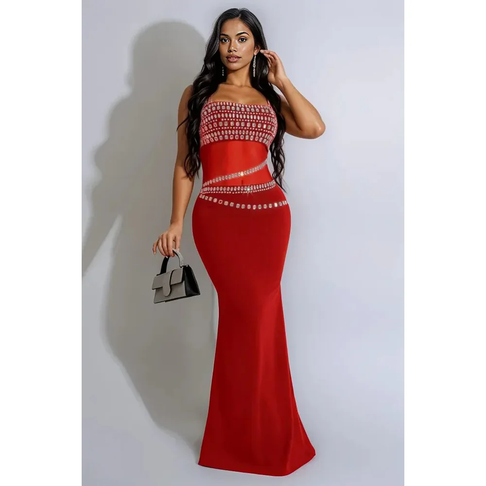 Frauen Träger ärmelloses rotes Maxikleid Sexy Meerjungfrau Geburtstag formelles Ballkleid