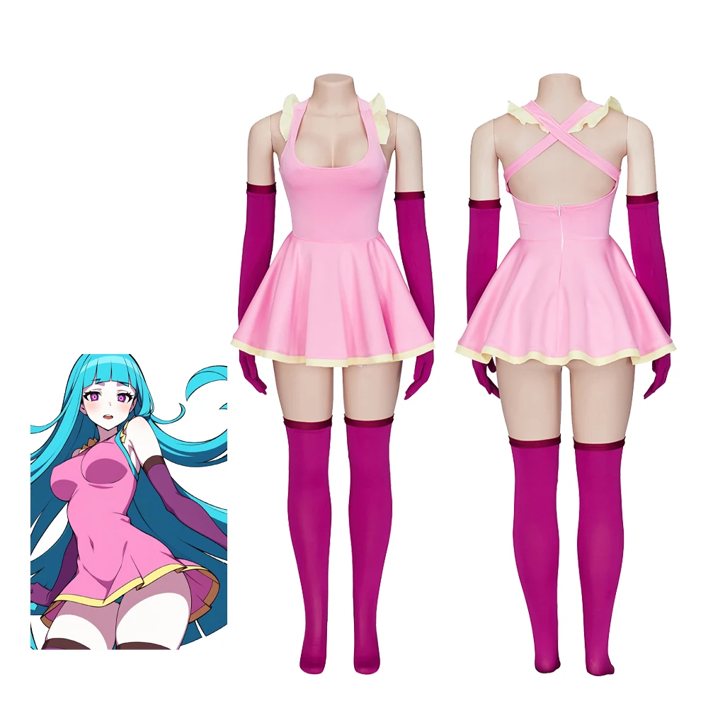 ¡Me! Mememe-chan disfraz de Cosplay para mujer, vestido rosa con guantes, medias Sexy, disfraces de fiesta de Carnaval de Halloween