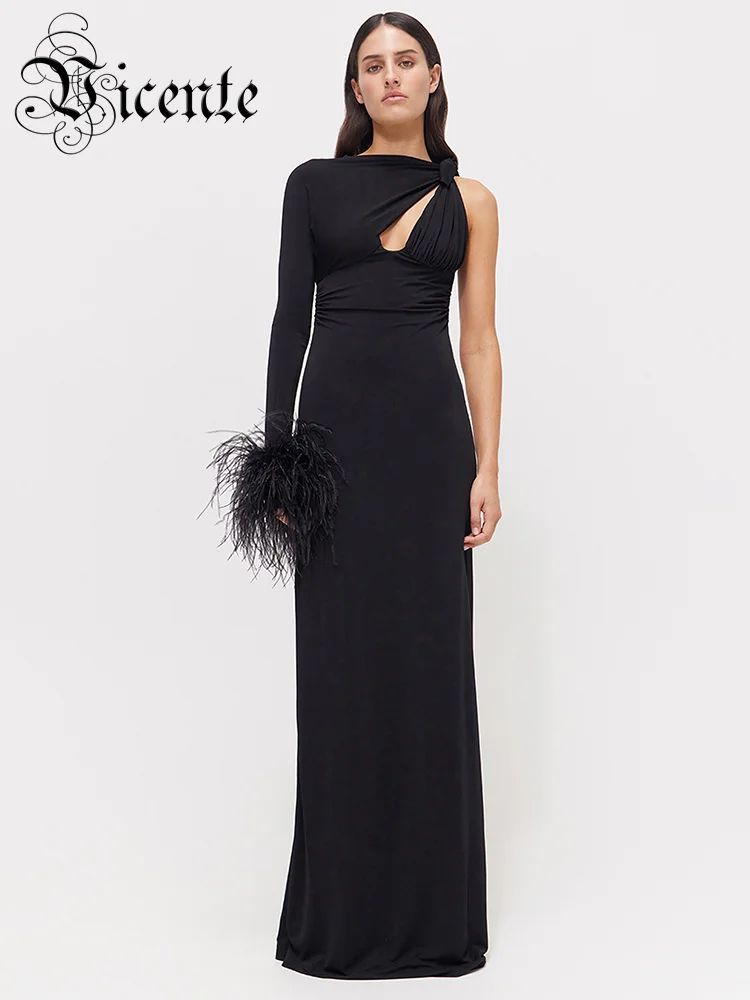 2024 Spring Dress Women And Pretty One Shoulder Long Sleevs Feather Celebrity Party Black Club Bodycon Luxury Wrap