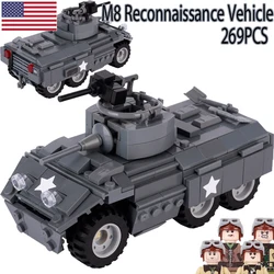 WW2 US M8 Light Wheeled Armoured Car Building Blocks Military Army Soldier Figures Sticker Cannon Weapons Vehicle Brick Toy Gift