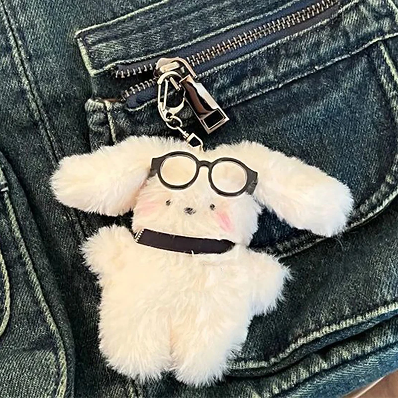 Plush Rabbit Pendant Bag Charms Soft Lovely White Bunny Glasses Ornament Keychain Car Backpack Decor Stuffed Dog Doll Toy Gift