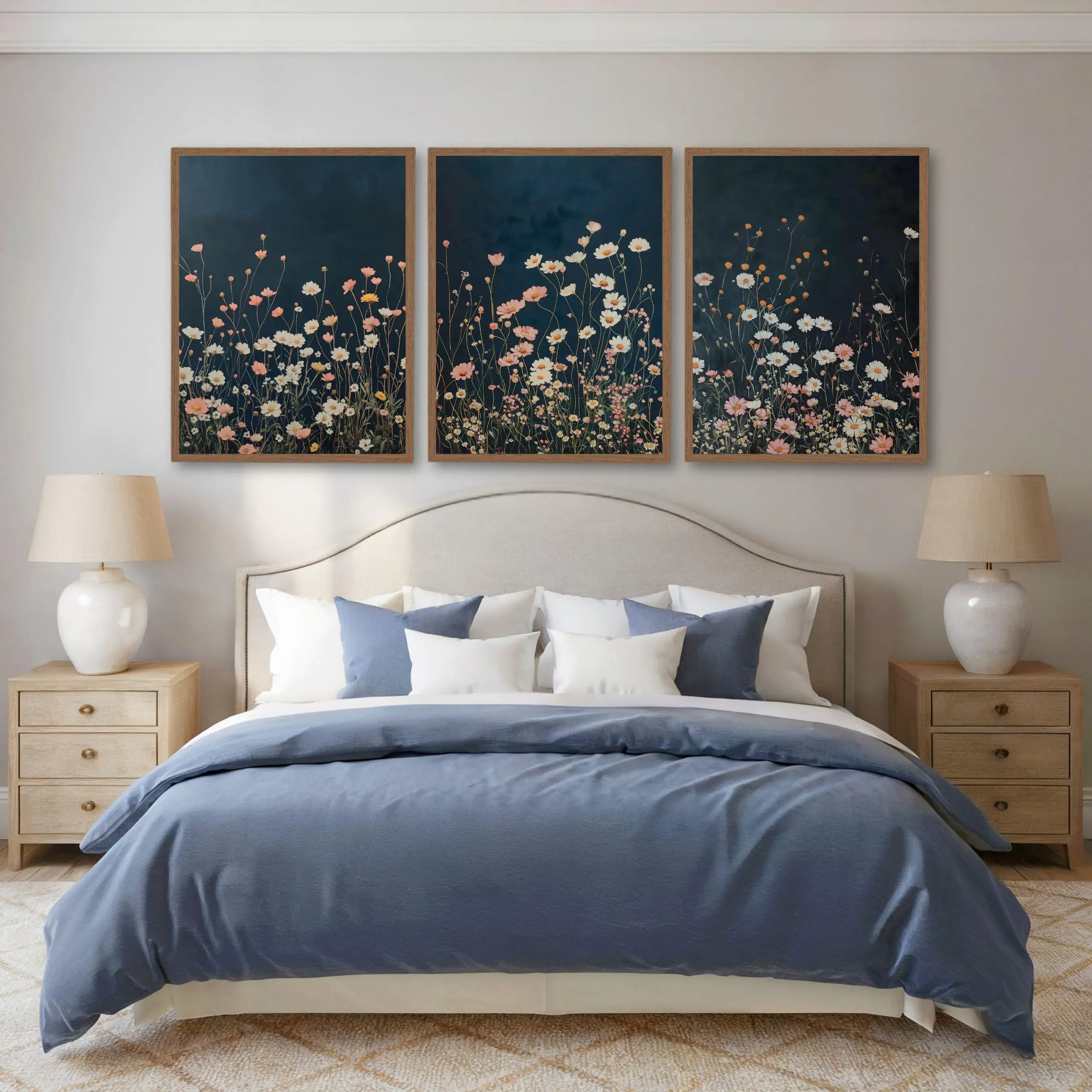 Large-sized frameless  Dark Wildflowers Print Set of 3 Botanical Landscape Navy Blue Wall Art Wildflower Field Printable