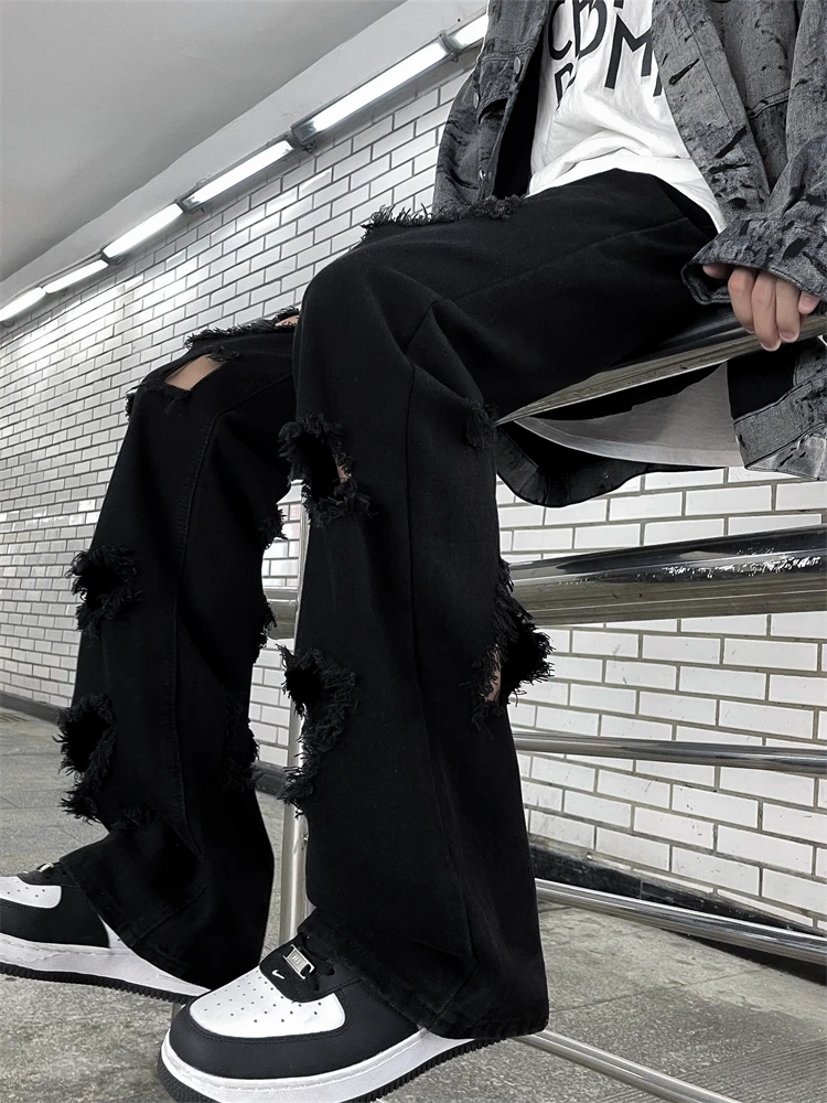 American Retro Hole Micro Flared Black Jeans Men's Trendy High Street Straight Loose Pants Design Sense Slimming Long Trousers