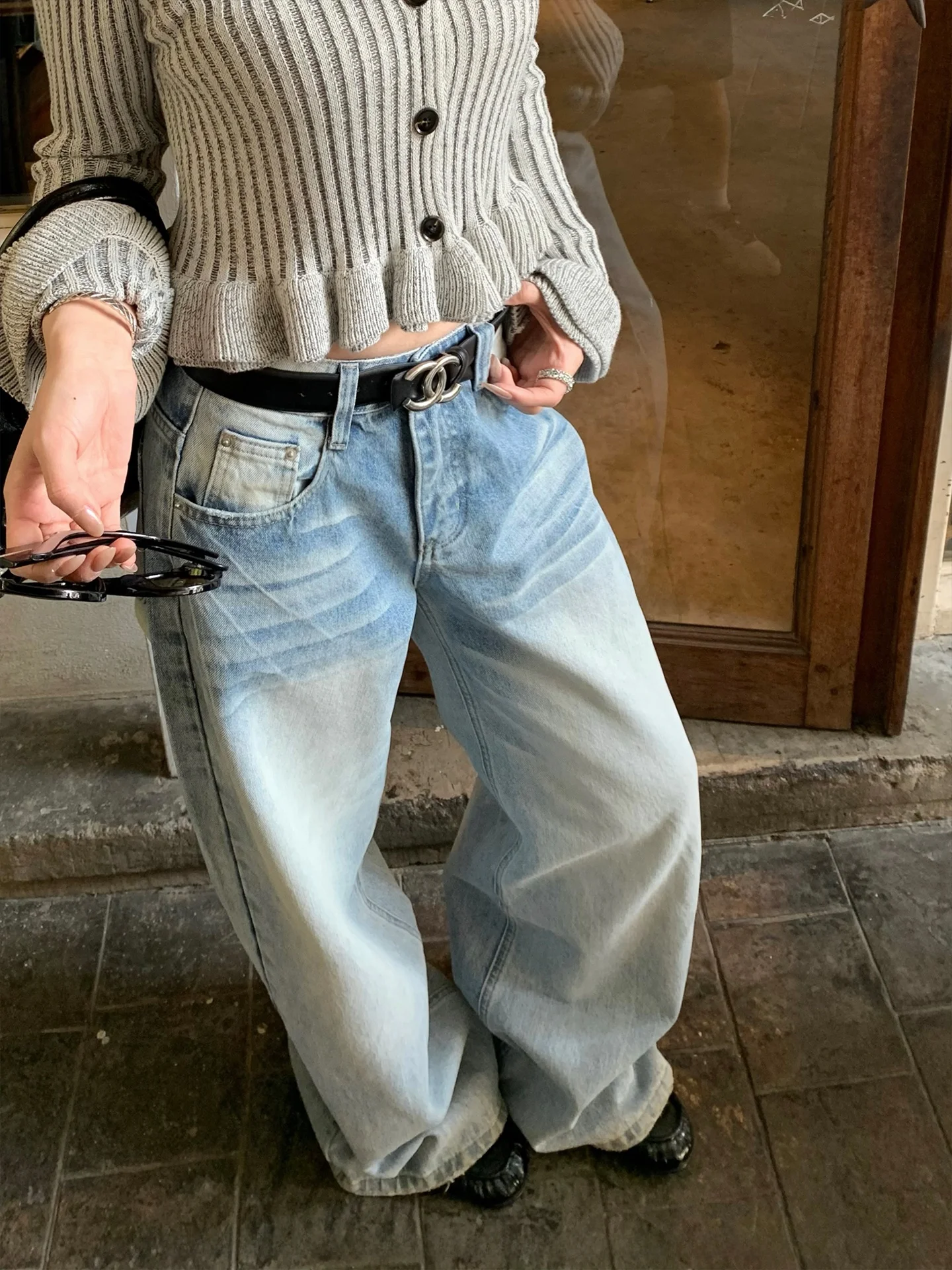 

High Waist Wide Leg Scratch Texture Light Blue Faded Denim Jeans Circled Cooky Danning Street Fog Sensation Cotton Jeans