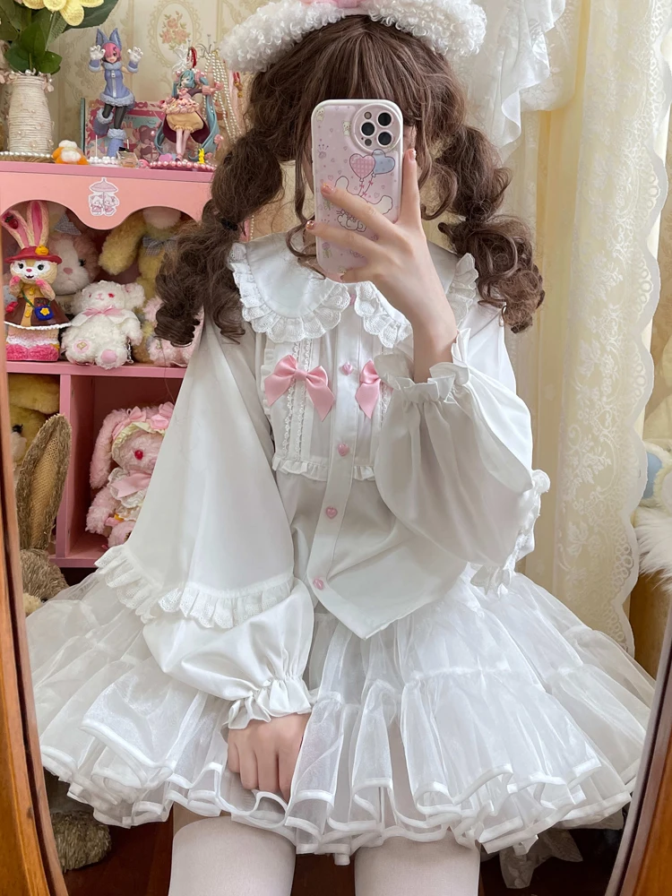 KIMOKOKM Sweet Girly Single-breasted Lolita Shirt Peter Pan Collar  Ruffled Lace Kawaii Bow Flare Sleeve Cute Sweetheart Blouses