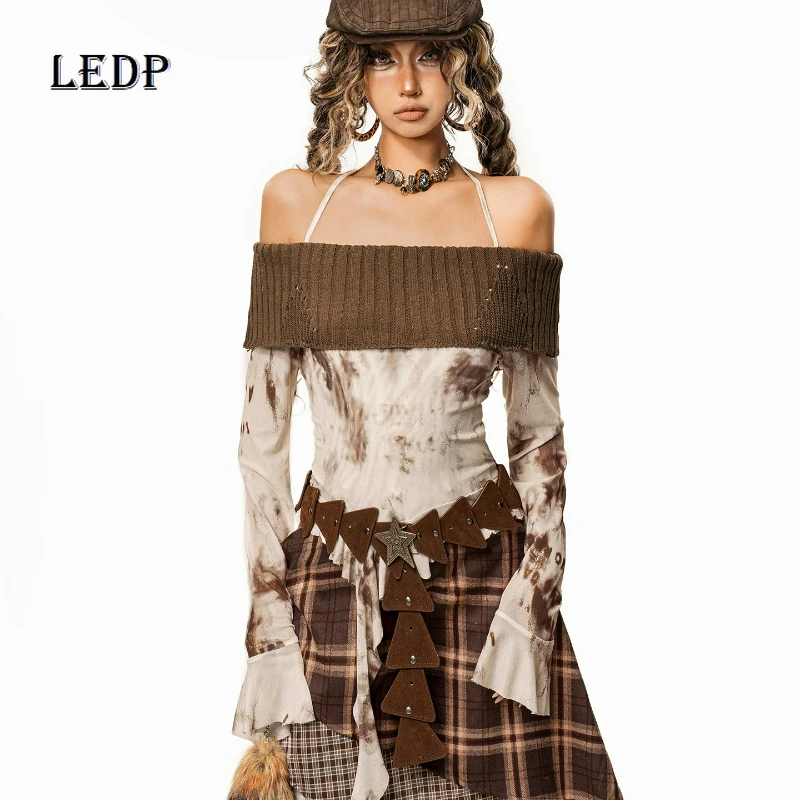 

Retro Design Tie-dye Mesh Horn Sleeve Women's T-shirt Autumn New Irregular Streamer Hot Girl One-word Shoulder Neck Top Ladies