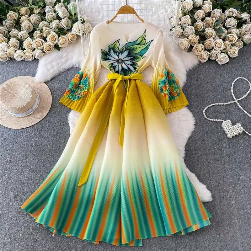 Miyake Gradual Change Print Dress Women's Three-dimensional Flower Long-sleeved V-neck Waist Strap Thin Long Pleated Dress New