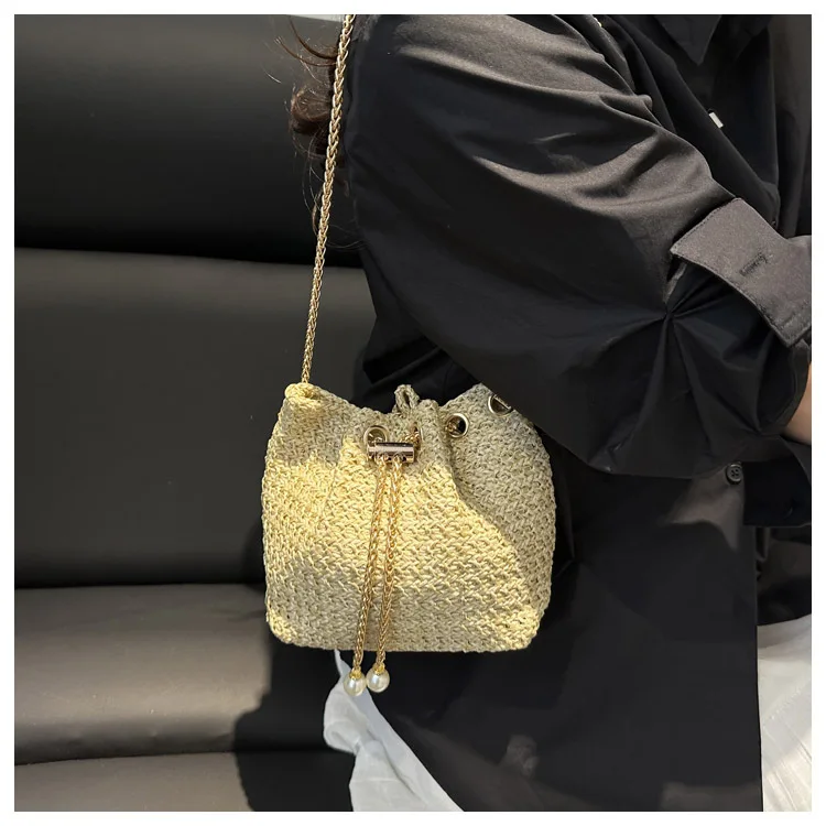 

2026 New Knitted Drawstring Bucket Bag, Pearl Chain Shoulder Bag, Minimalist Woven Crossbody Bag for Women