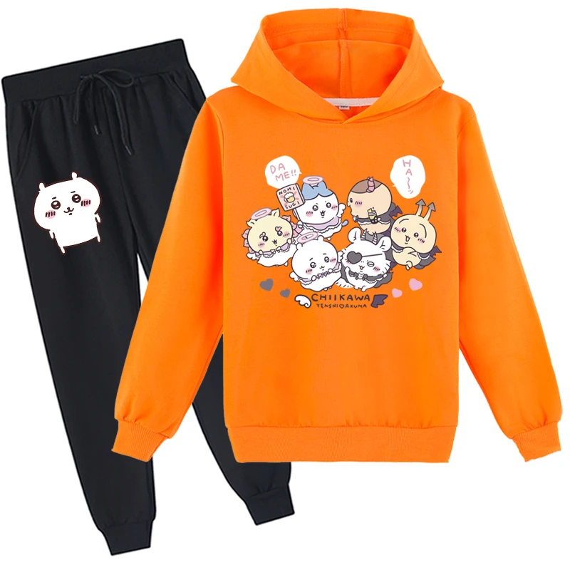 Little Kid Chiikawa Jersey suelto sudadera y pantalones para correr conjunto de 2 piezas, camisetas de manga larga de otoño sudaderas con capucha ligeras para 2-14 años