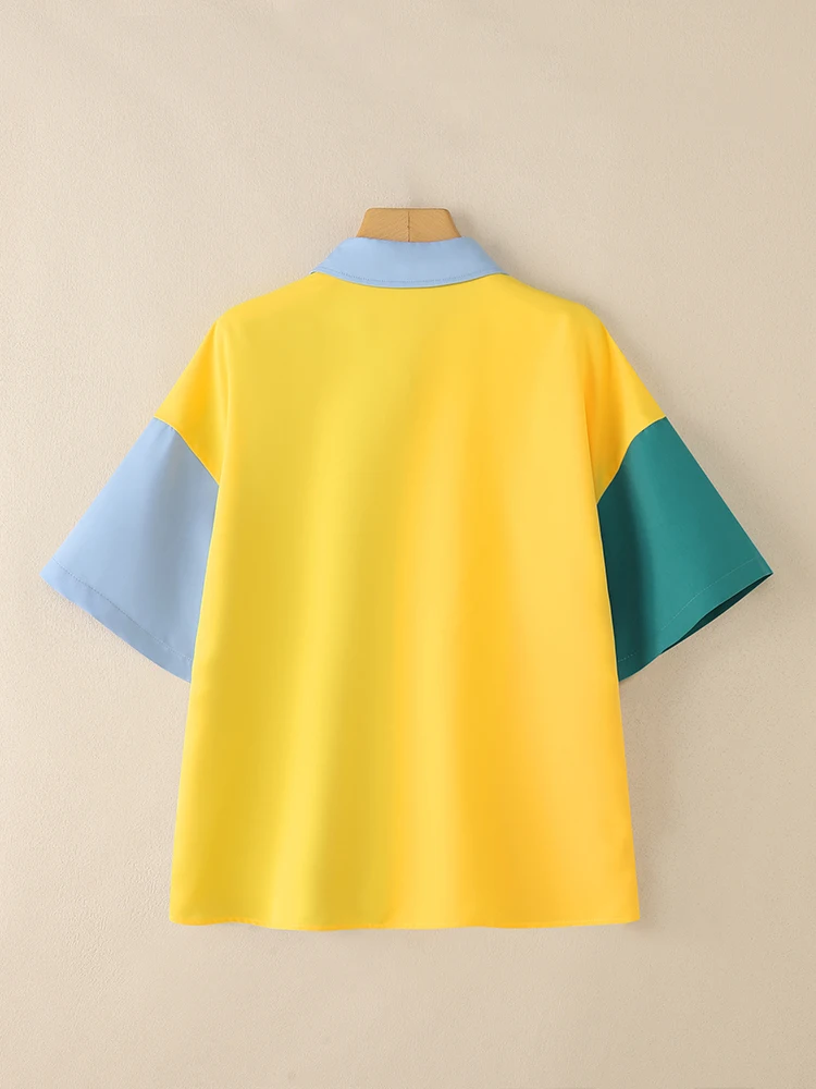 เสื้อเชิ้ตผู้หญิง ZANZEA รุ่นใหม่ล่าสุดประจำปี 2025 เสื้อเบลาส์แขนสั้นลายปะต่อสีตัดกัน คอปก ทรงหลวม ใส่ทำงานได้