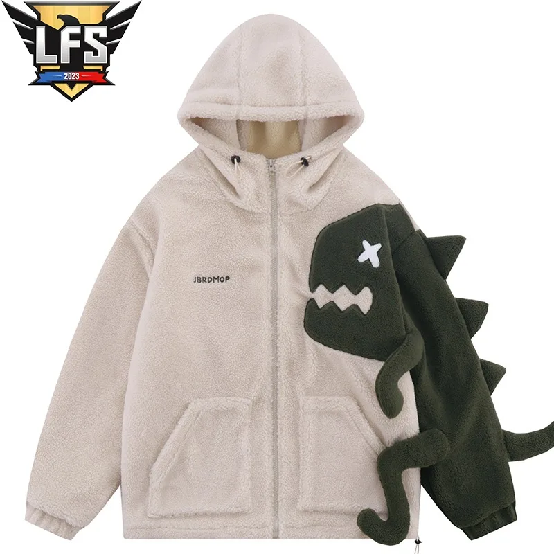 

Men Hooded Fleece Lambswool Parkas Jacket Vintage Dinosaur Patchwork Streetwear Winter Coats Warm Thicken Coats Unisex Sweater