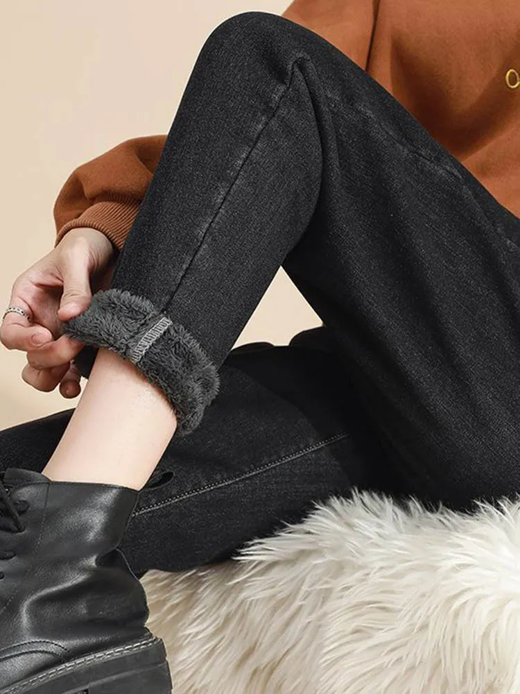 Pantaloni in denim foderati in velluto vintage caldo invernale Moda coreana Jeans Harem larghi Donna Casual Lunghezza caviglia Streetwear Vaqueros Nuovo