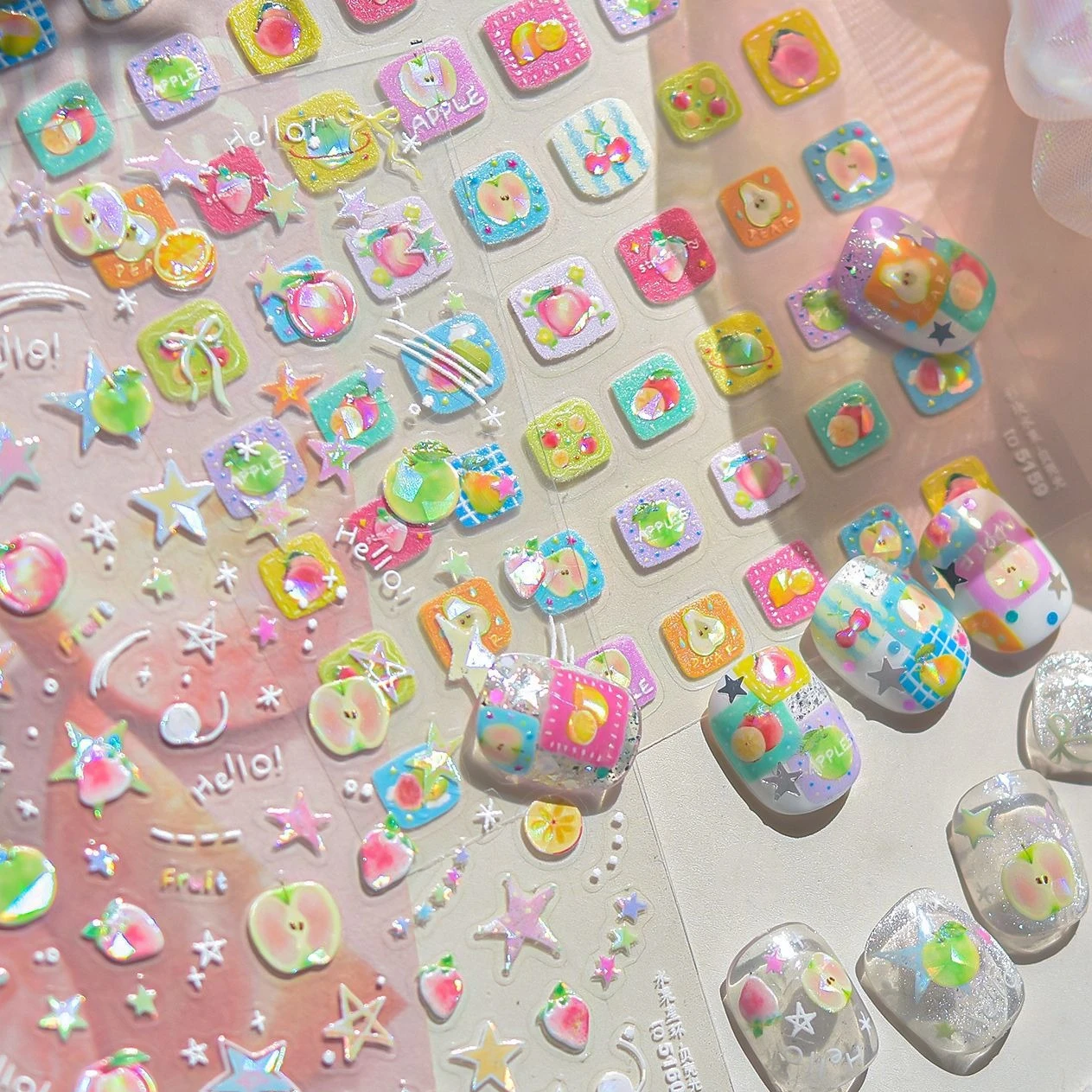 

Chic Abundant Fruits Star Ring Blocks Apple Orange Strawberry Peach Pear Guava Cherry Nail Art Decoration Sticker Manicure Decal