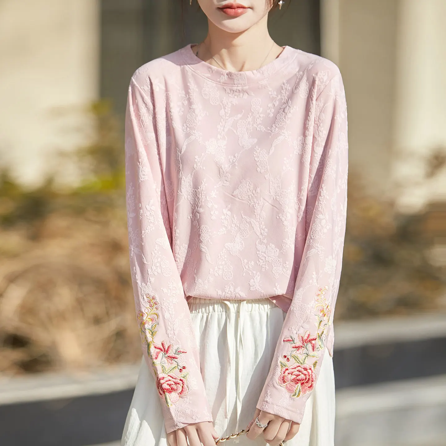 

Женская облегающая трикотажная футболка с длинным рукавом и вышивкой, базовый слой, высококачественный топ с цветочным узором