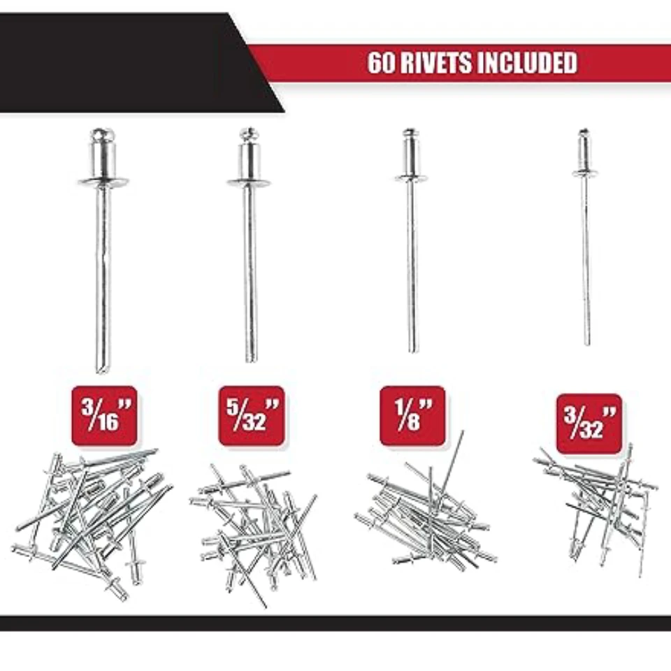 Professional Pop Rivet Gun with 60 Rivets-Rivet Sizes 3/32-inch,1/8-inch,5/32-inch,&3/16-inch-Applications Include Sheet Metal
