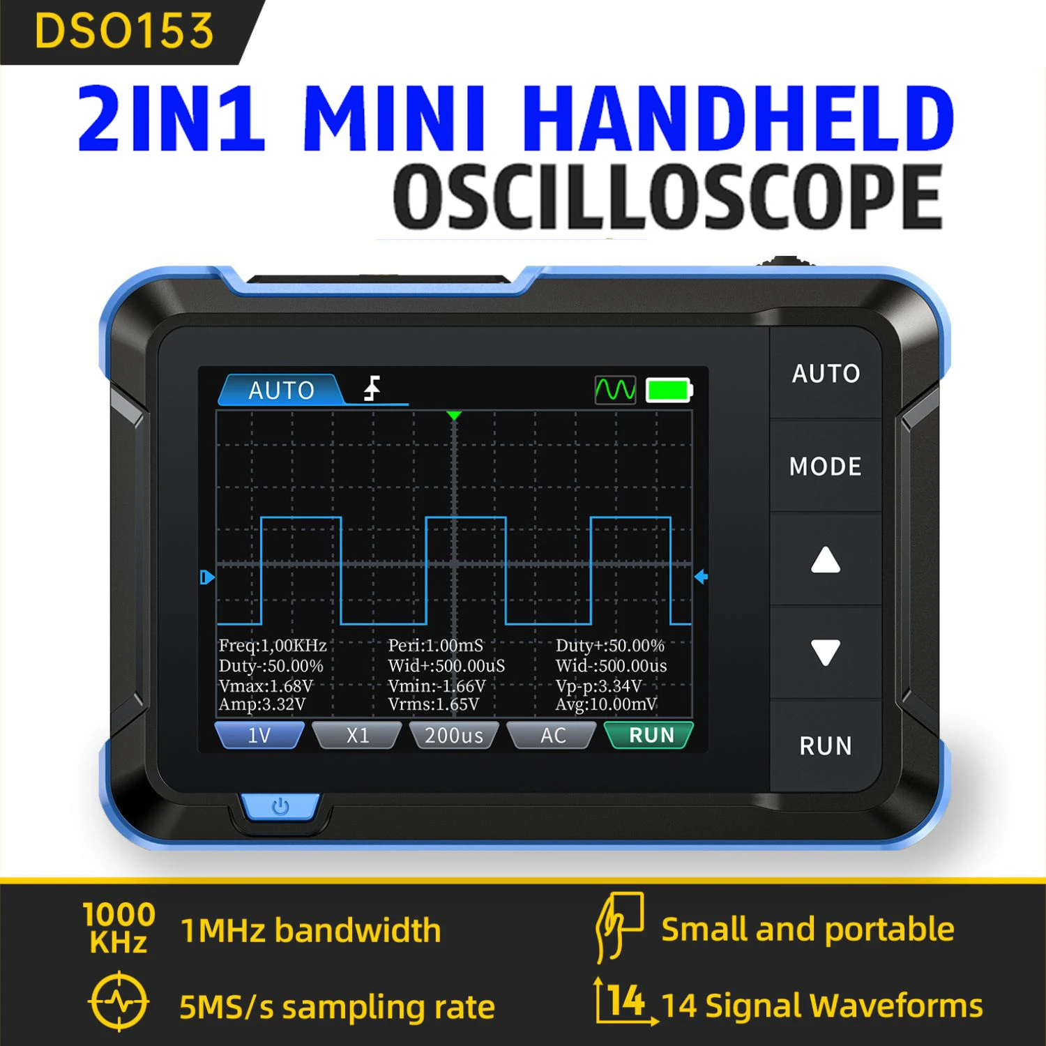 

FNIRSI DSO153 Portable Digital Oscilloscope 2 in1 Signal Generator Electronic Repair Tool 5MSa/s Sampling Rate 1MHz Bandwidth