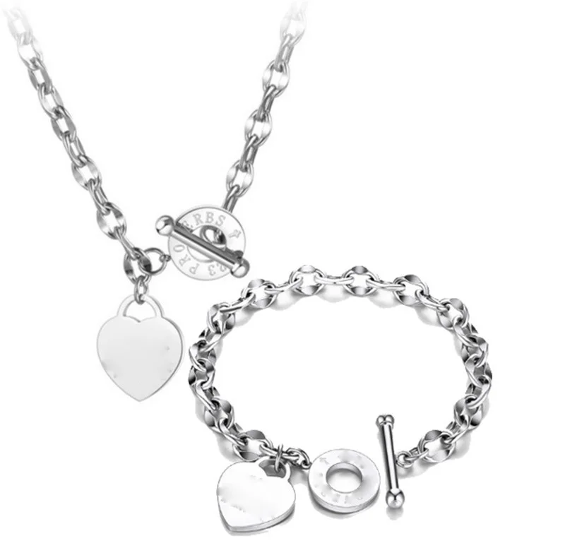 Titanium Stainless Steel Heart Charm Pendant Necklaces Bracelet Set Classic Love Bible Proverbs 4:23 O-Chain Woman Jewelry