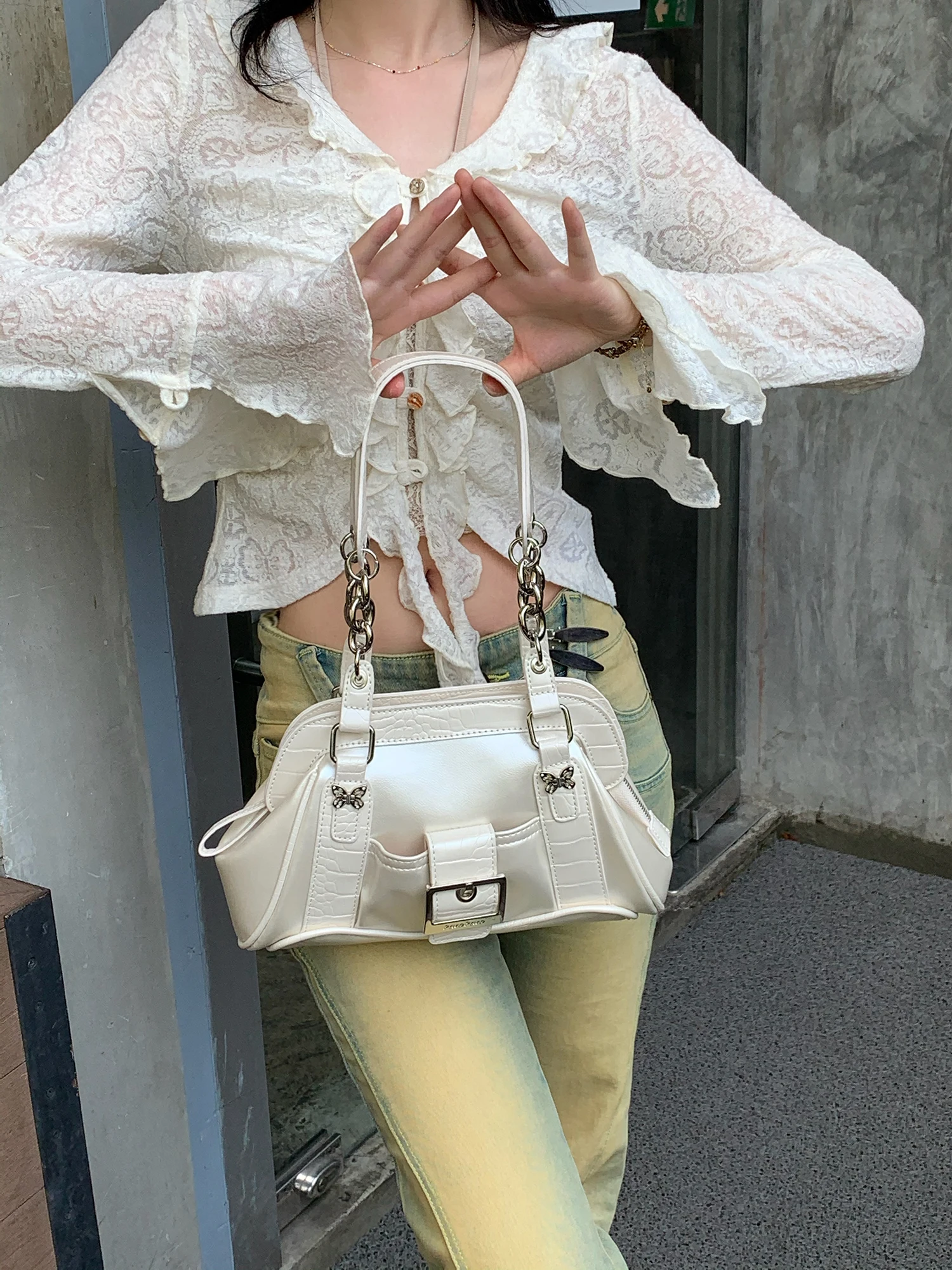 Fashion Summer Princess Butterfly Solid Color Underarm Bag Casual PU Leather Glossy Handbag Commute Shoulder Women's Bag