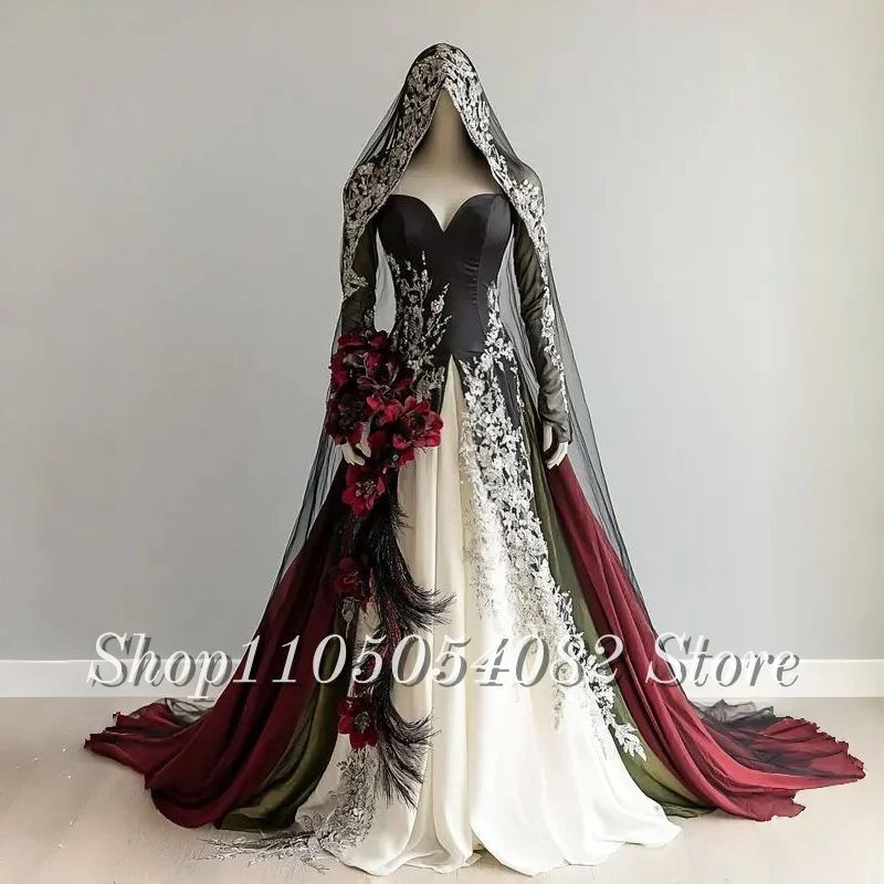 Elegante, einzigartige Gothic-Brautkleider, Spitzenapplikationen, verziert mit A-Linie und bodenlangen viktorianischen Brautkleidern, individuell gestaltet