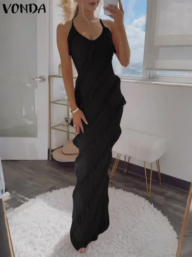 

Summer Party Dress Women Sexy V Neck Sleeveless Sundress 2025 VONDA Fashion Solid Color Strap Evening Vestidos Casual Robe Femme