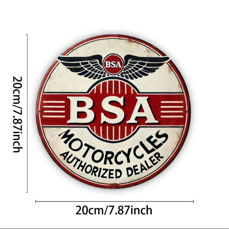Vintage BSA Motorcycles Round Aluminum Wall Art - 8x8 Inch Classic Red & Black Winged Design, Retro Garage Decor for Home, Bar,