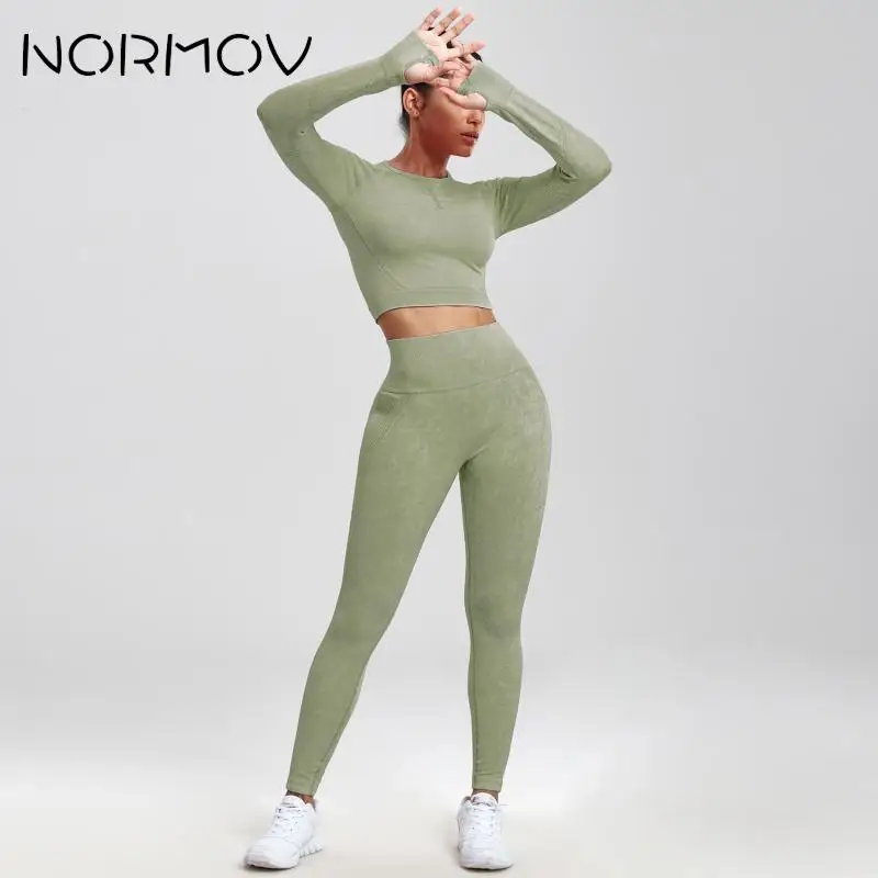 NORMOV 2Pcs Gym Women Set Seamless Yoga Set vita alta Gym Sportwear Push Up Sport Workout Set Fitness manica lunga tuta da palestra