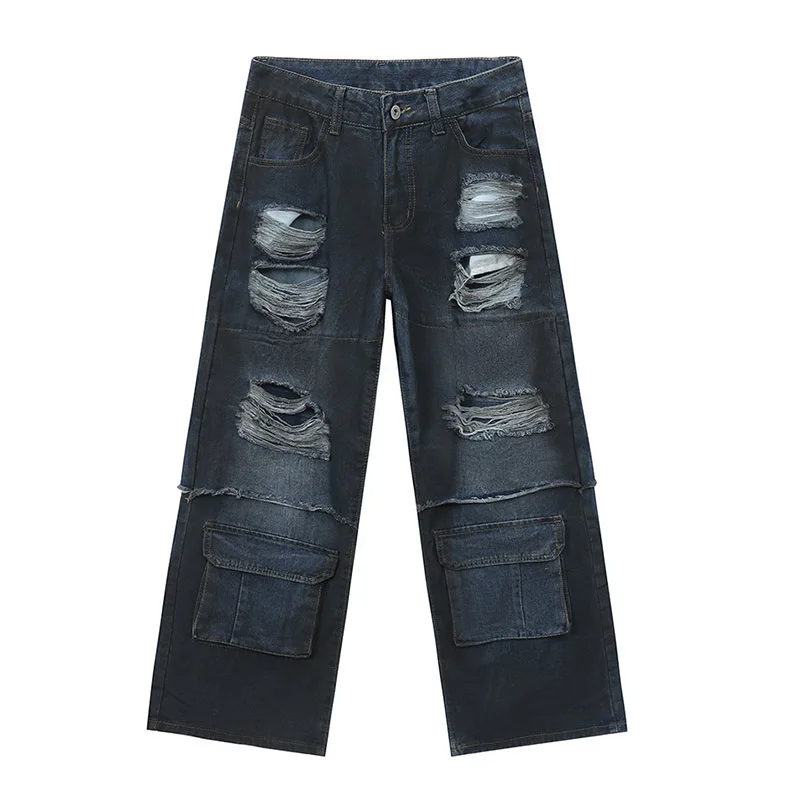 

Hi Street Ripped Distressed Jeans Pants Washed Streetwear Hip Hop Denim Trousers For Male Blue