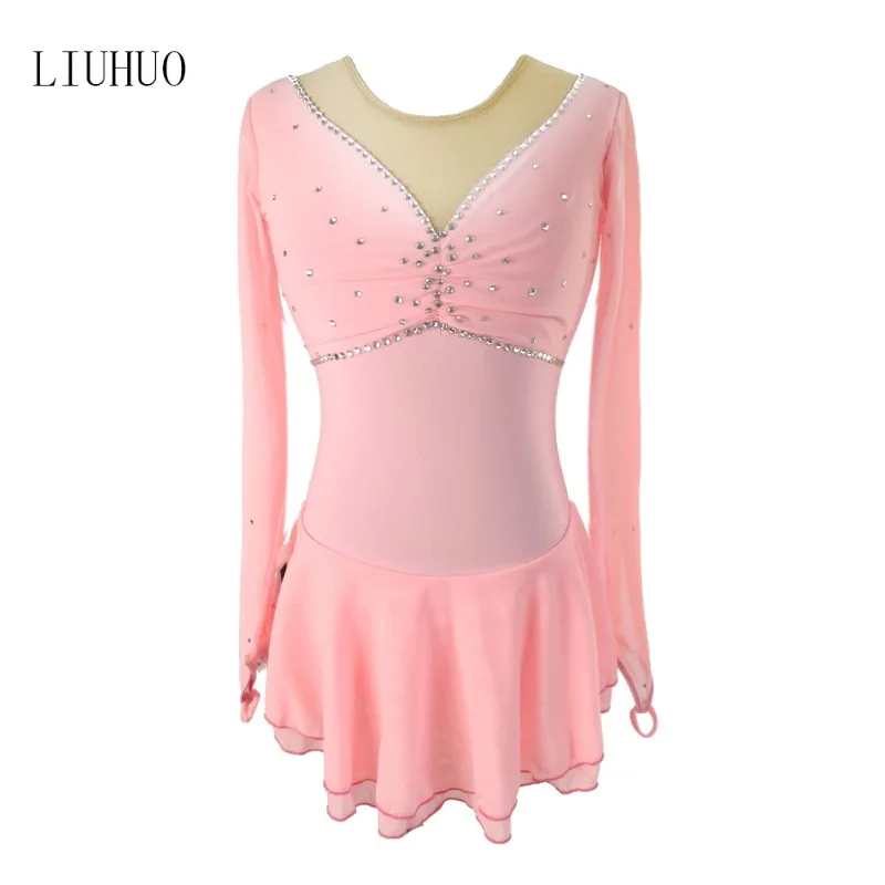 

Customized Children's Figure Skating Costume Performance Dress Grade Dress Pole Dance Pink Long Sleeve Skating Skirt Short Skirt