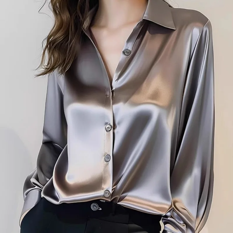 2025 Summer Women's Satin Shirts Elegant Plain Long Sleeve Blouse Office Lady Button-Up Shirt Top Female Shirts Blouse Autumn
