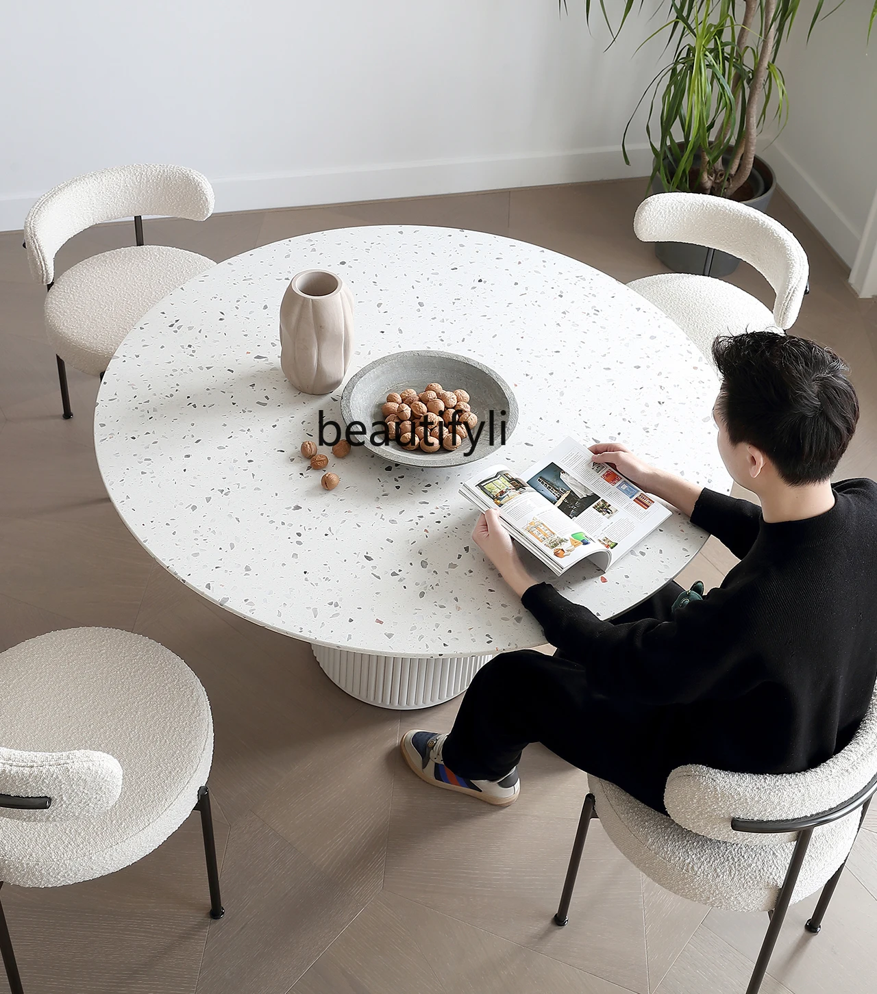 Cream Style Simple Modern Stone Plate round Table Small Apartment Ins Terrazzo Dining Tables and Chairs Set