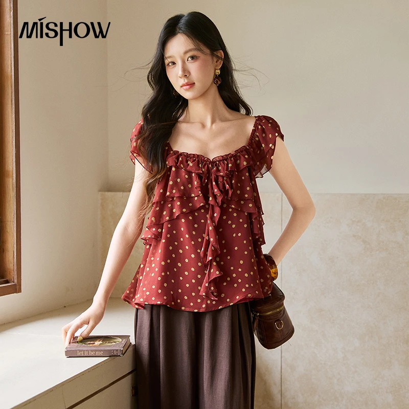

MISHOW Women's Vintage Polka Dot Chiffon Blouse 2026 Summer Square Neck Ruffle Front Blouses Flying Sleeve Tops MXF29X2730