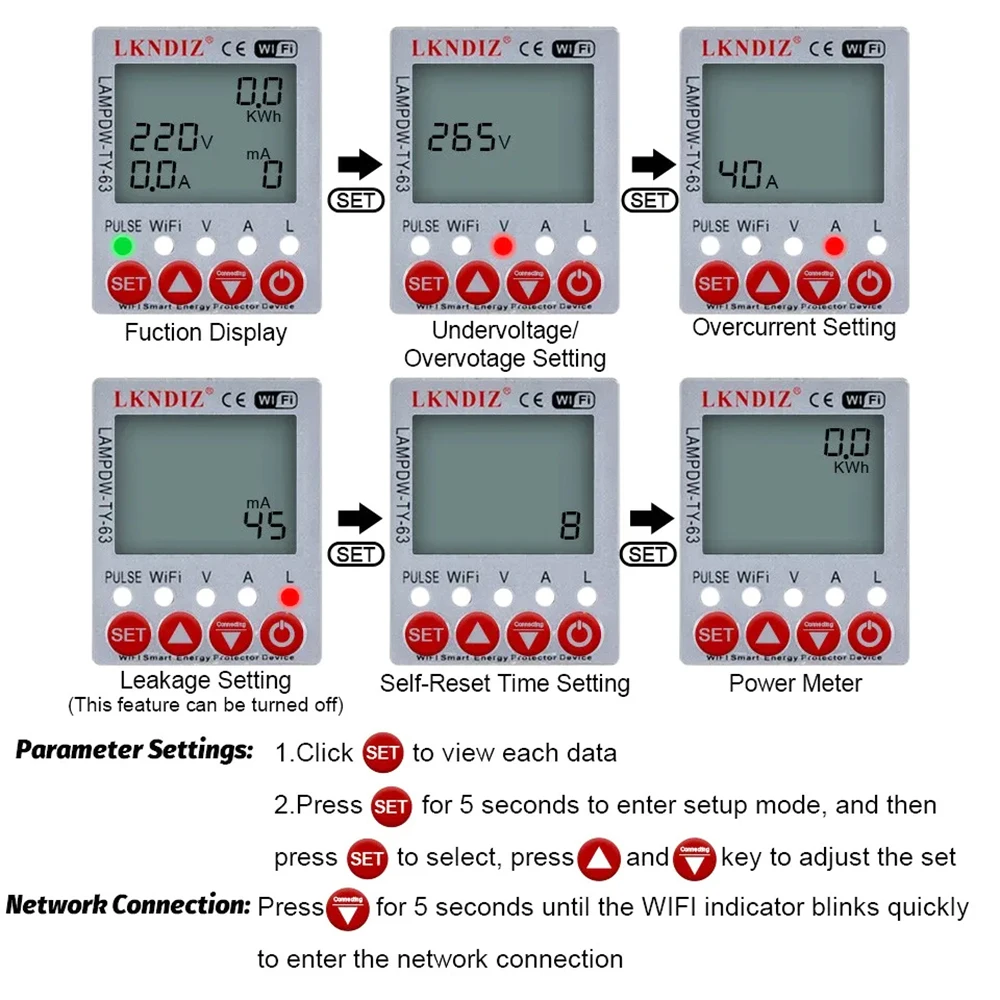 Imagem -04 - Terra Vazamento sobre sob Tensão Protector Dispositivo de Relé Switch Breaker Energia Power Kwh Medidor Circuito Inteligente Wi-fi 2p 63a Tuya App