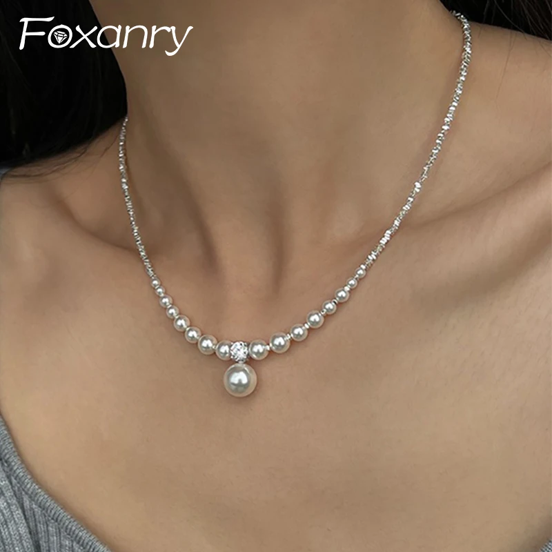 Foxanry 1 PC Silver Color Pearl Beaded Necklace For Women Creative Elegant Sexy Fashion Clavicle Chain Jewelry Accessories Gifts