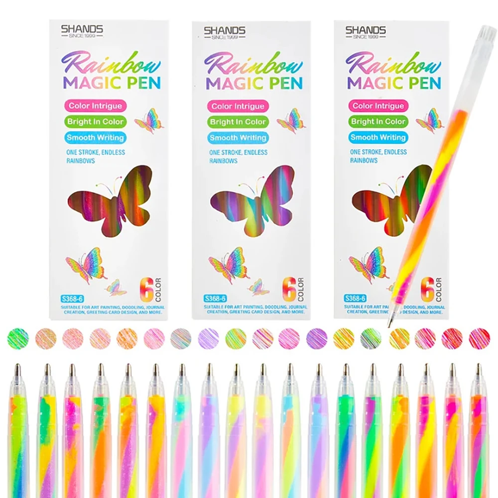 6PCS Gradient Color Neutral Pens, For Students to Take Notes and Draw, One Tri Color Flashing Rainbow Pen,Beautiful