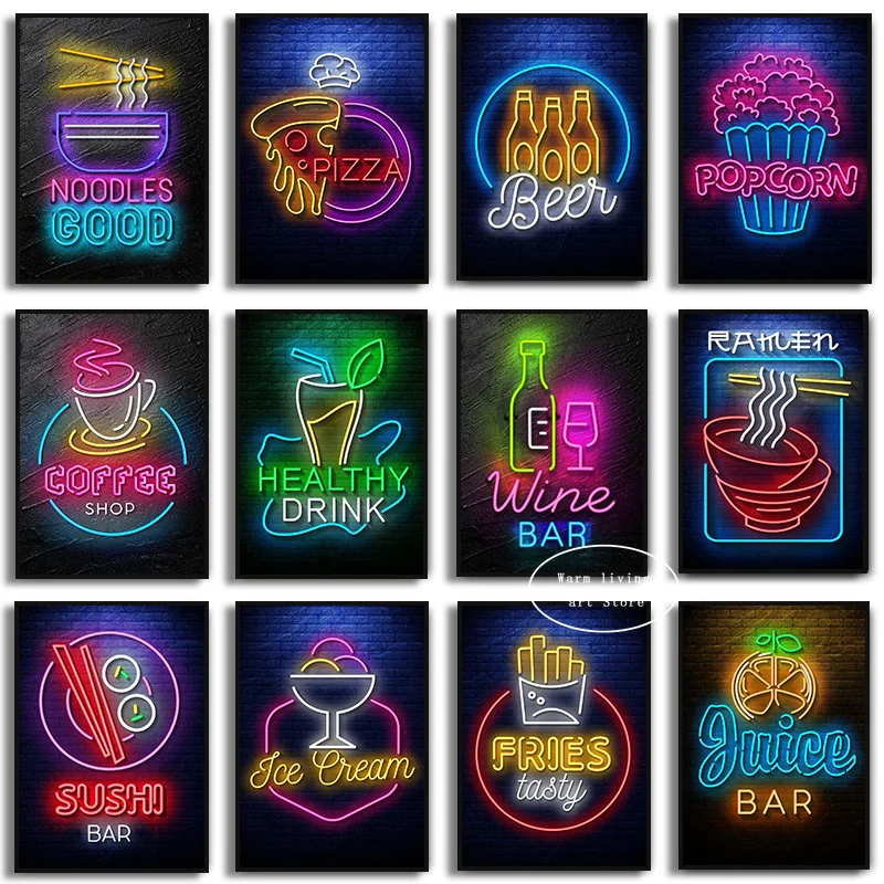 1pc frameless Canvas Painting Neon Food Ramen Sushi Pizza Beer Juice Wine Sign Poster Canvas Painting Pictures Wall Art Pictures